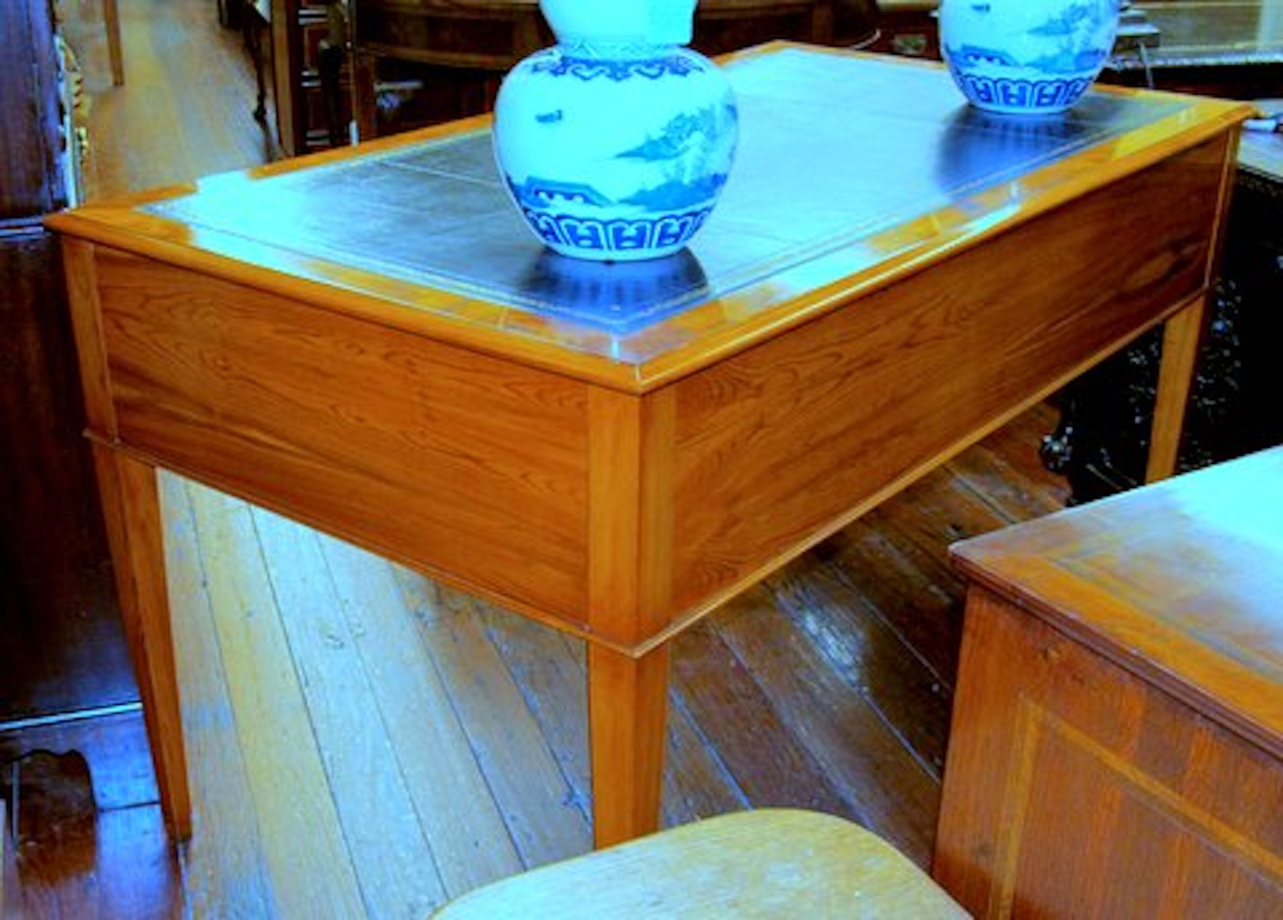 English Bench Made Pippy Yew Wood Leather Top Writing Table - Image 7