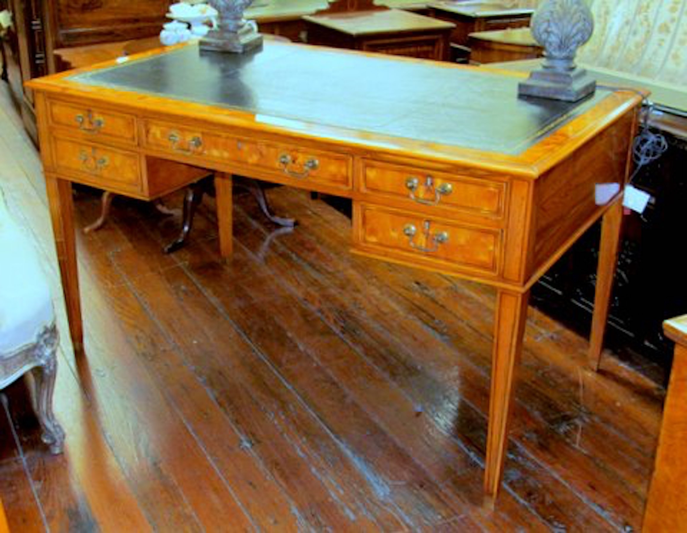 English Bench Made Pippy Yew Wood Leather Top Writing Table - Image 6