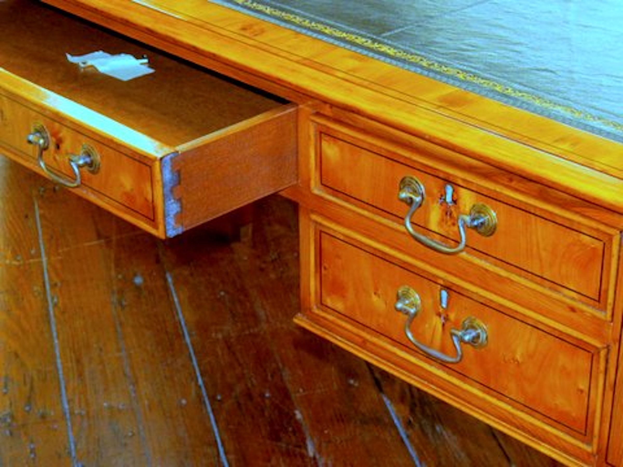 English Bench Made Pippy Yew Wood Leather Top Writing Table - Image 2