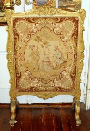 Antique French Louis XV STyle Carved Gilt-wood Needlepoint Fire-screen