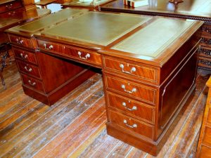English Bench Made Inlaid Figured Mahogany Chippendale Style Pedestal Partner's Desk