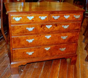 Antique English Inlaid Burr Walnut and Mahogany Sided Queen Anne Revival Low Chest of Drawers