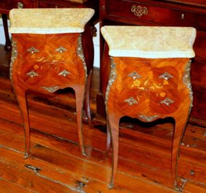 PAIR of Old French Marquetry Inlaid Kingwood Chair-side or Bedside Table