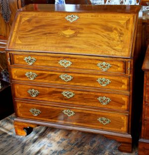 Antique English George III Inlaid Flame Mahogany "Adam" Influenced Slant-front Bureau