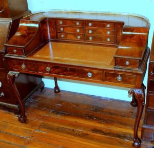 Antique English Chippendale Style Hand Carved Flame Mahogany Carlton House Desk