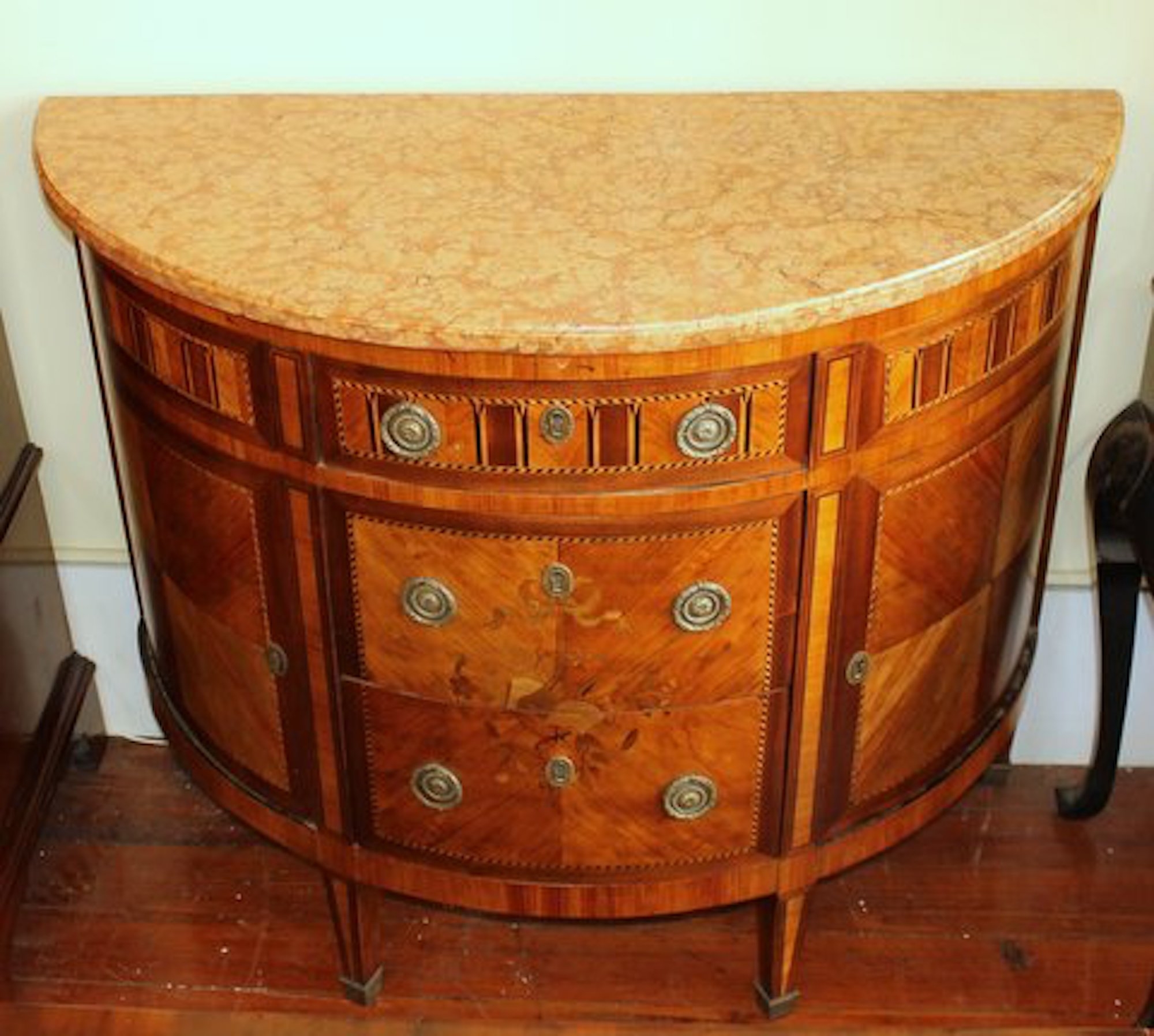 Antique French Louis XVI Style Marquetry Inlaid Kingwood and Mahogany Marble Top Demi-lune Commode