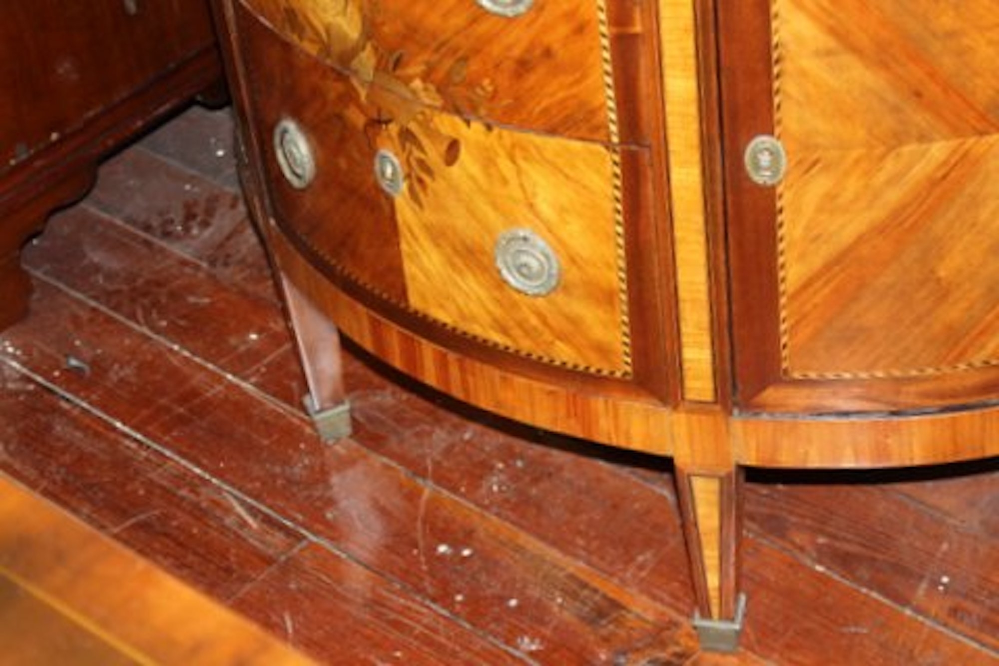 Antique French Louis XVI Style Marquetry Inlaid Kingwood and Mahogany Marble Top Demi-lune Commode - Image 9