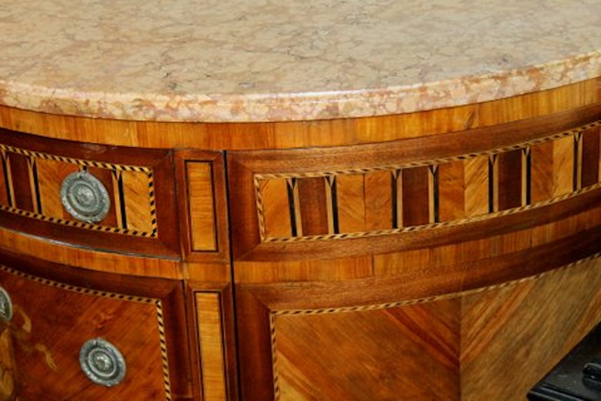 Antique French Louis XVI Style Marquetry Inlaid Kingwood and Mahogany Marble Top Demi-lune Commode - Image 8