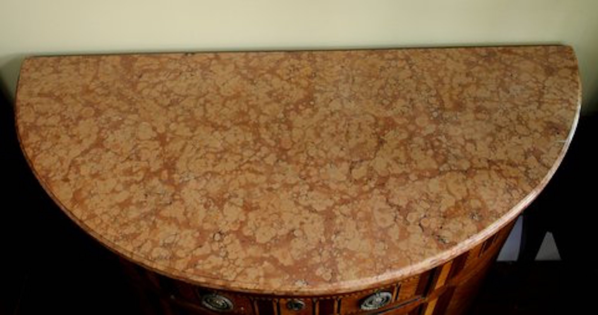 Antique French Louis XVI Style Marquetry Inlaid Kingwood and Mahogany Marble Top Demi-lune Commode - Image 7