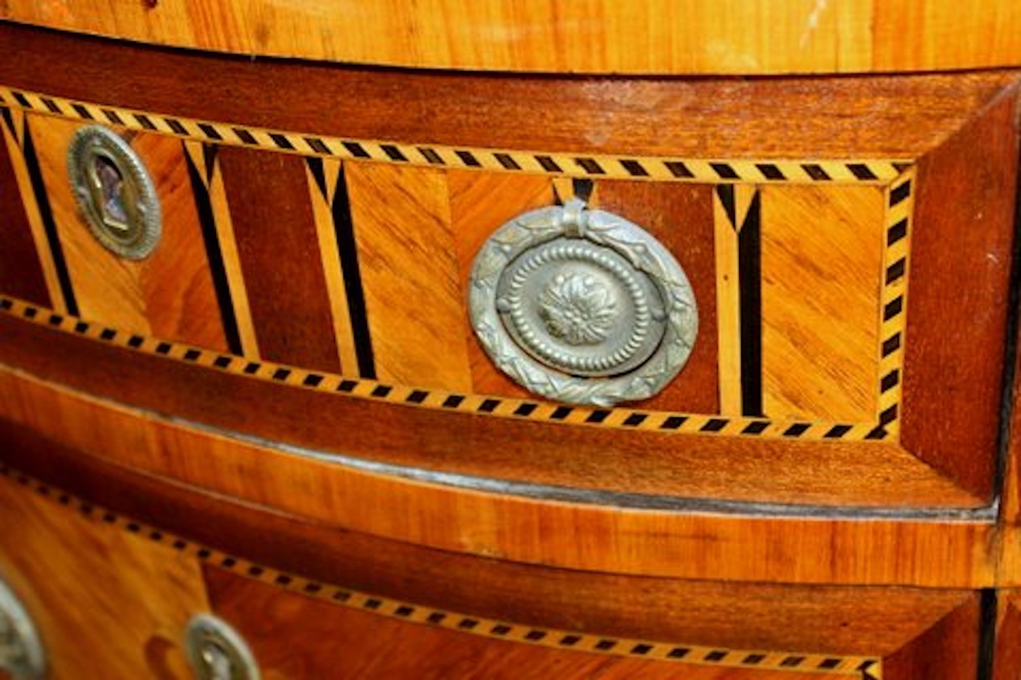 Antique French Louis XVI Style Marquetry Inlaid Kingwood and Mahogany Marble Top Demi-lune Commode - Image 6