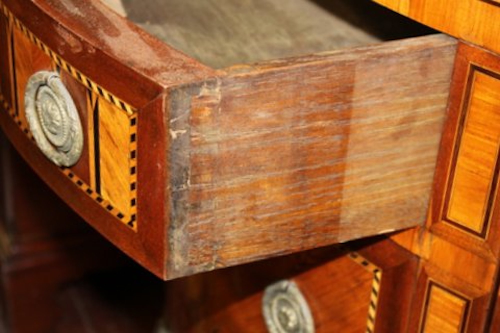 Antique French Louis XVI Style Marquetry Inlaid Kingwood and Mahogany Marble Top Demi-lune Commode - Image 5