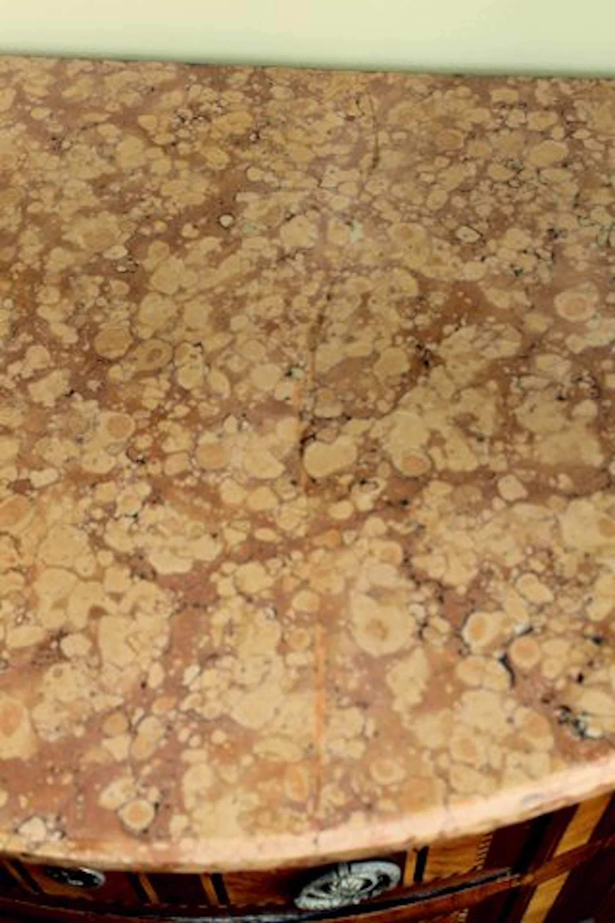 Antique French Louis XVI Style Marquetry Inlaid Kingwood and Mahogany Marble Top Demi-lune Commode - Image 4