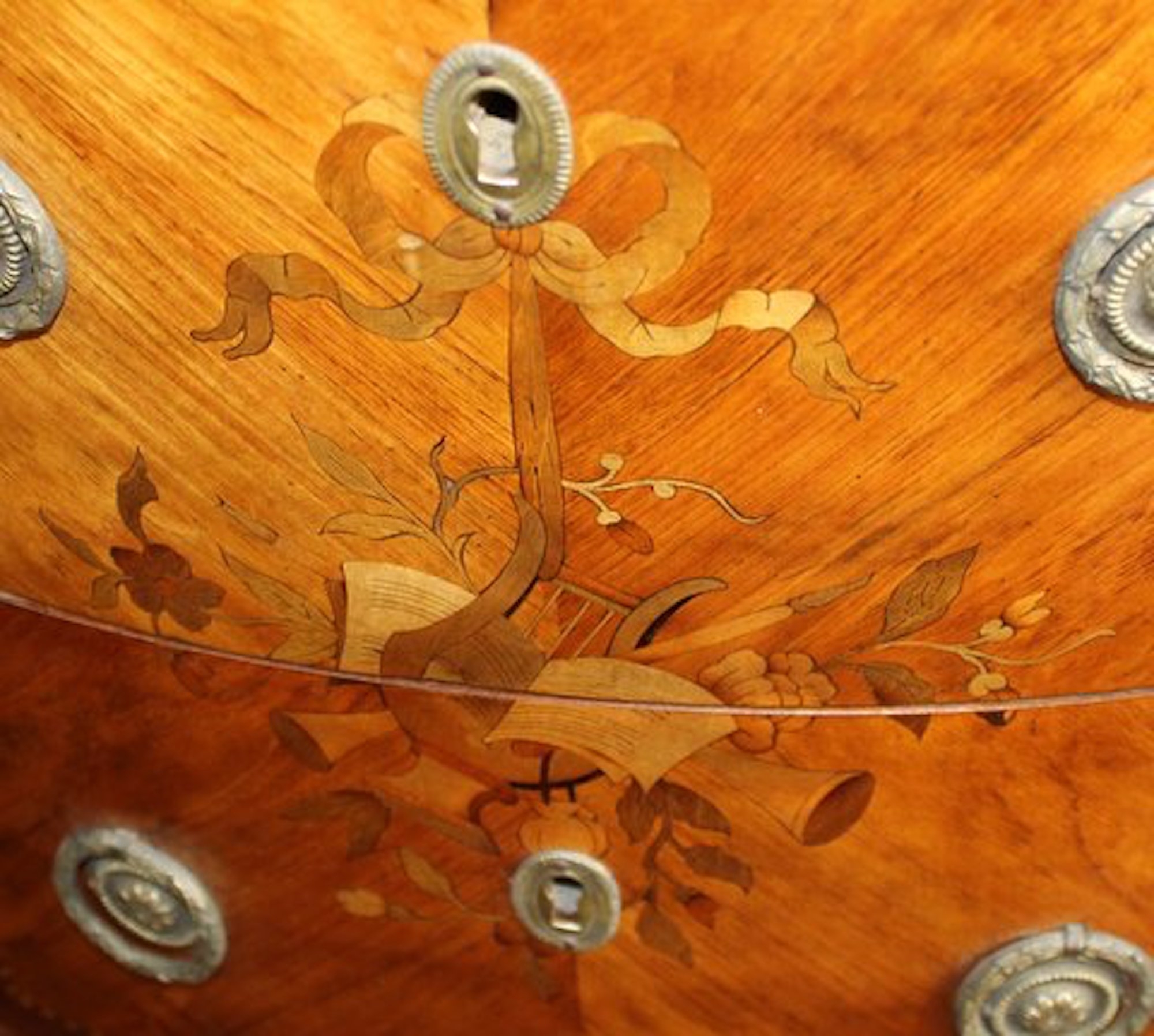 Antique French Louis XVI Style Marquetry Inlaid Kingwood and Mahogany Marble Top Demi-lune Commode - Image 3