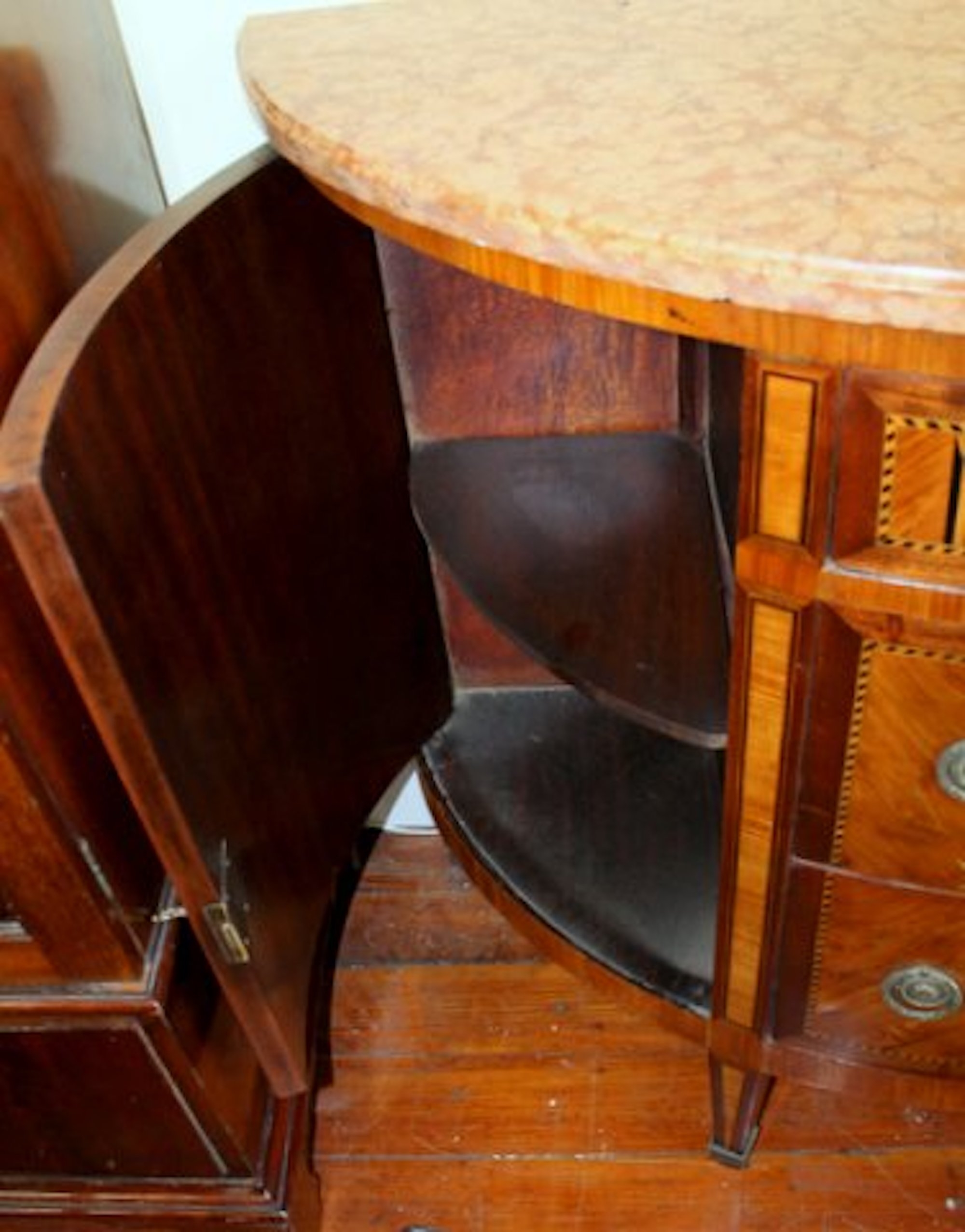 Antique French Louis XVI Style Marquetry Inlaid Kingwood and Mahogany Marble Top Demi-lune Commode - Image 2