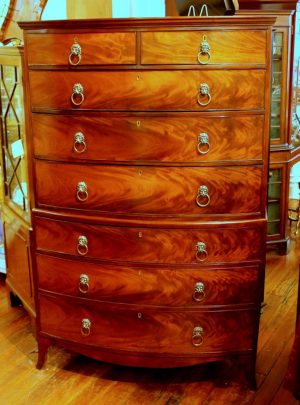 Antique English Book-matched Crotch Mahogany George III Bow-front Chest of Chest