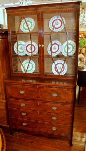 Antique English George III Inlaid Figured Mahogany Secretaire Bookcase