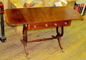 Antique English George IV Inlaid Mahogany Regency Drop-Leaf Sofa Table