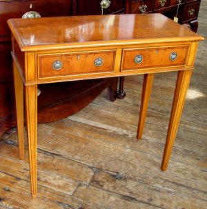 English Bench Made Inlaid Pippy Yew-wood Two-Drawer Side Table