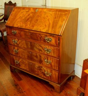 Antique English Crotch Mahogany Chippendale Style Slant-front Bureau