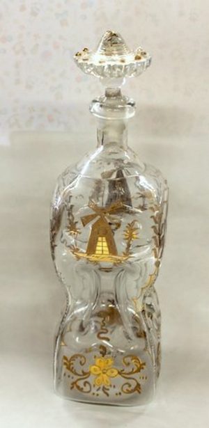 Antique Dutch Engraved and Gilt Mouth Blown Glass Kuttrolf or Kluk-Kluk Decanter