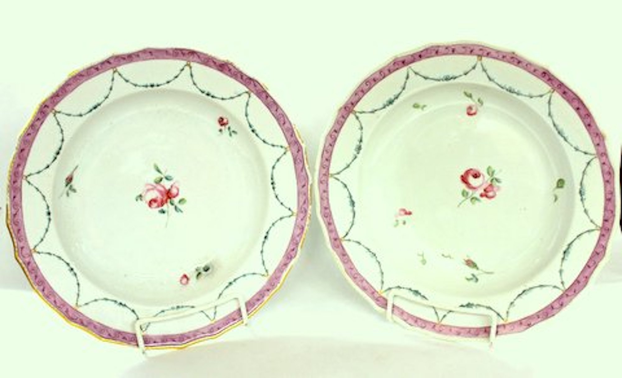 PAIR of Antique English Chelsea-Derby Porcelain Neoclassical Garlands and Roses Pattern Rim Soup Plates