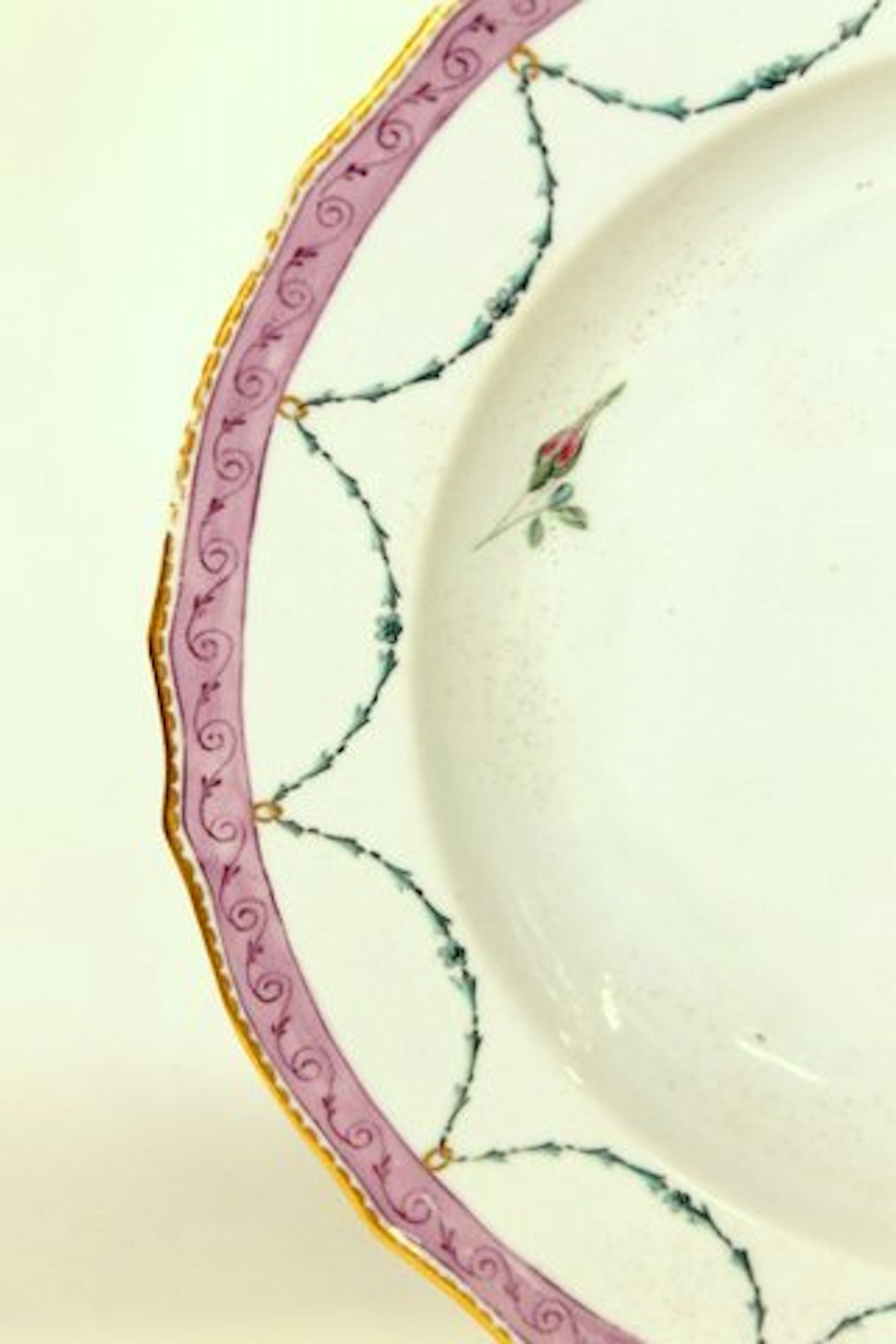 PAIR of Antique English Chelsea-Derby Porcelain Neoclassical Garlands and Roses Pattern Rim Soup Plates - Image 6