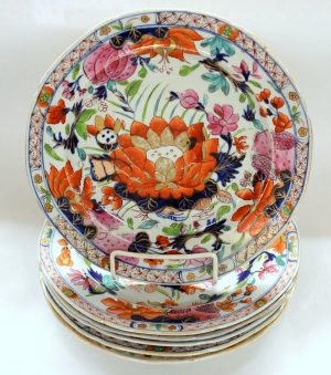 Set of Six Antique English Early Mason's Ironstone Rare "Water Lily" Pattern Luncheon or Dinner Plates