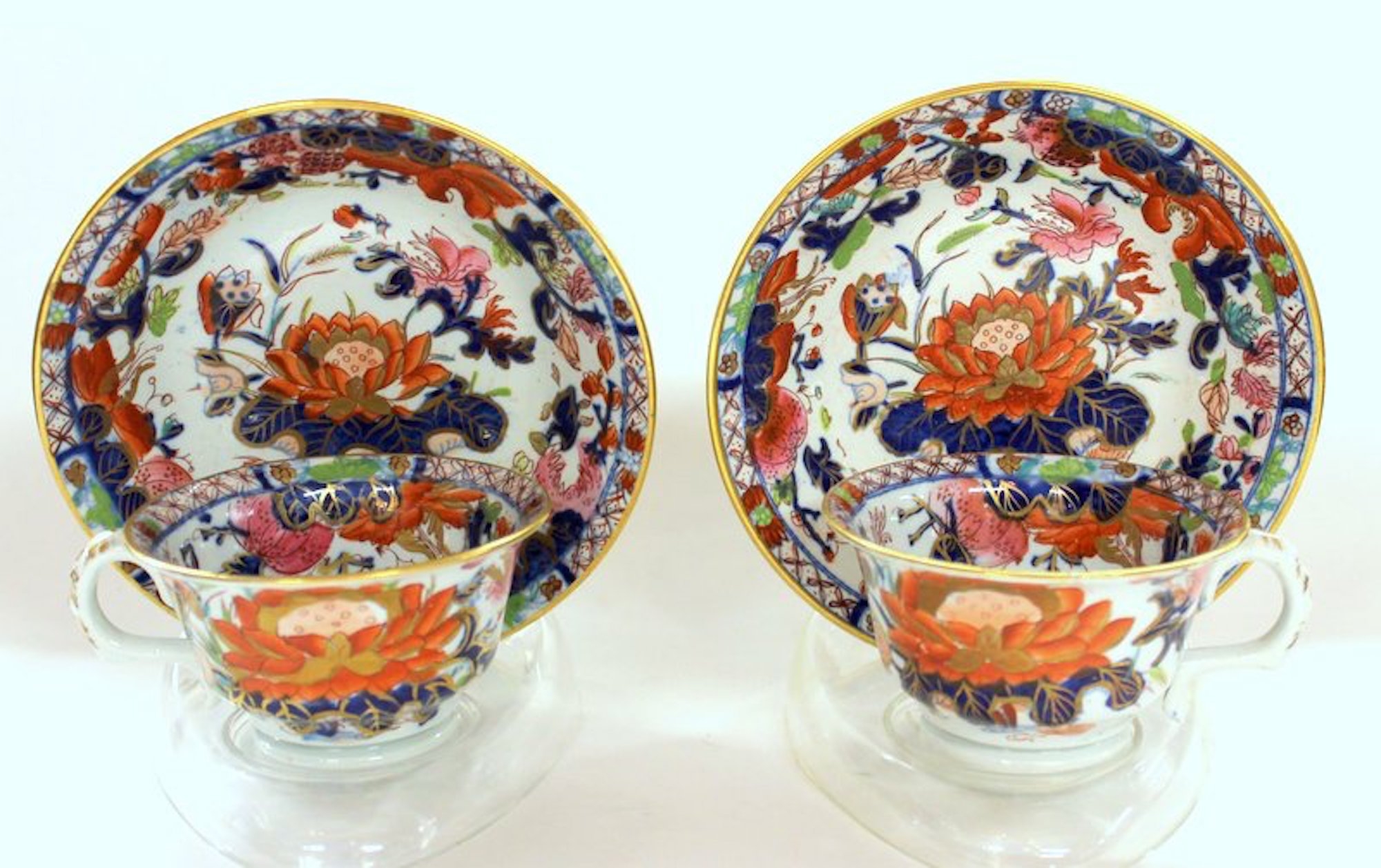 Set of Six Antique English Mason's Ironstone "Water Lily" Pattern Teacups and Saucers