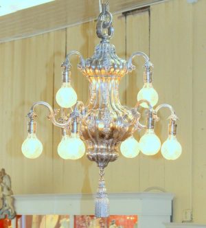 E.F. Caldwell Antique American Silver-plate Bronze Nine Light, Two-Tier Chandelier