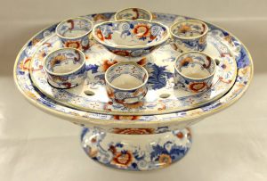 Antique English Earthenware or Ironstone Imari Decor Six-Cup Egg Cruet on Stand
