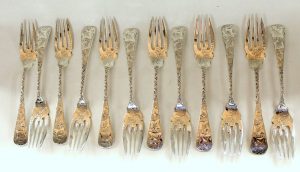 Set of 12 Exquisite Old American Sterling "Bright Cut" Hand Engraved Dessert Forks