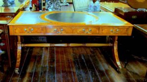 English Bench Made Inlaid Yew-wood Regency Style Partner's Bureau Plat Writing Table