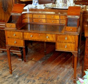 Old English Inlaid Crotch Mahogany "Carlton House" Writing Desk