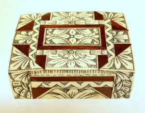 Old Anglo- Indian Carved Ivory, Rosewood and Mahogany Hinged Box