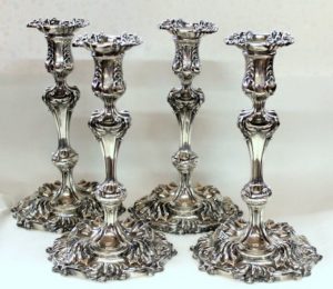 Set of 4 Antique Tiffany Silver-plate Rococo Style Candlesticks