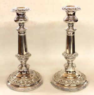PAIR of George IV Rococo Border Round Base Candlesticks