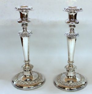 PAIR of George IV Rococo Border Round Base Candlesticks