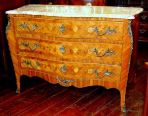 Old French Marquetry Inlaid Kingwood Marble-top Commode with Ormolu Mounts