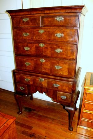 Antique English George II/III Inlaid Burr Walnut Chest on Stand on Highboy