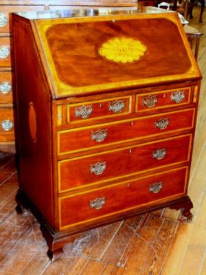 Antique English Inlaid Figured Mahogany Slant-front Bureau
