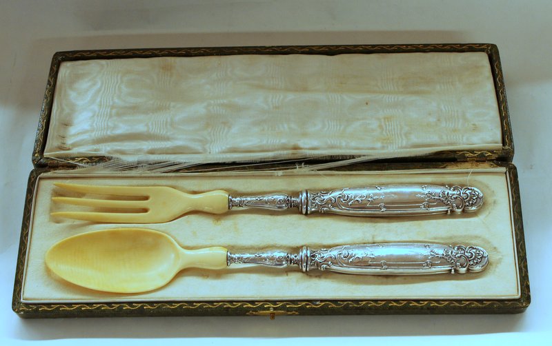 Set of French Ivory and .950 Fine Salad Servers