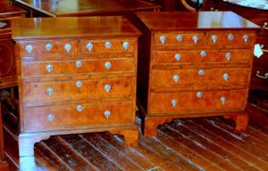 Pair of Antique English Inlaid Yew-wood Oyster Veneer Queen Anne Revival Bachelor's Chests