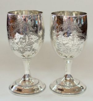 Pair of Old American Silver-plate Hand Chased Engraved Goblets
