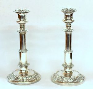 PAIR of George III Rococo Style Telescoping Round Base Candlesticks