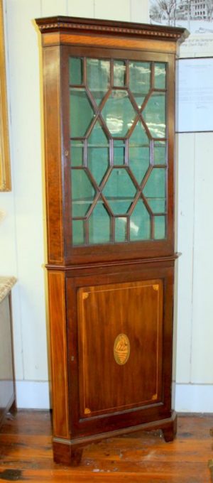 Antique English Inlaid Mahogany Georgian Style Corner Cupboard