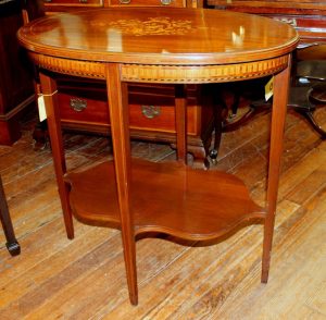 English Marquetry Inlaid Mahogany Oval Occasional Table