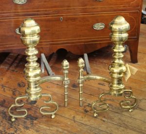 PAIR of Antique American Federal Style Large Size Wrought and Cast Brass Fireplace Andirons