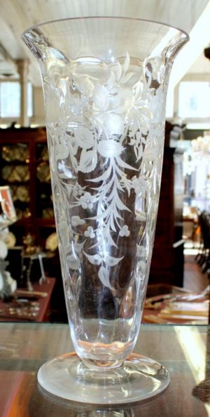 American Palatial Size Engraved Crystal Signed Vase