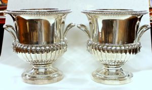 PAIR of Antique English George III "Old Sheffield Plate" Hand Chased Fluted Engraved Armorial Wine Coolers