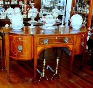 Antique English Satinwood Inlaid Figured Mahogany Hepplewhite Style Shaped Bow-front Sideboard with Fabulous Original Handles